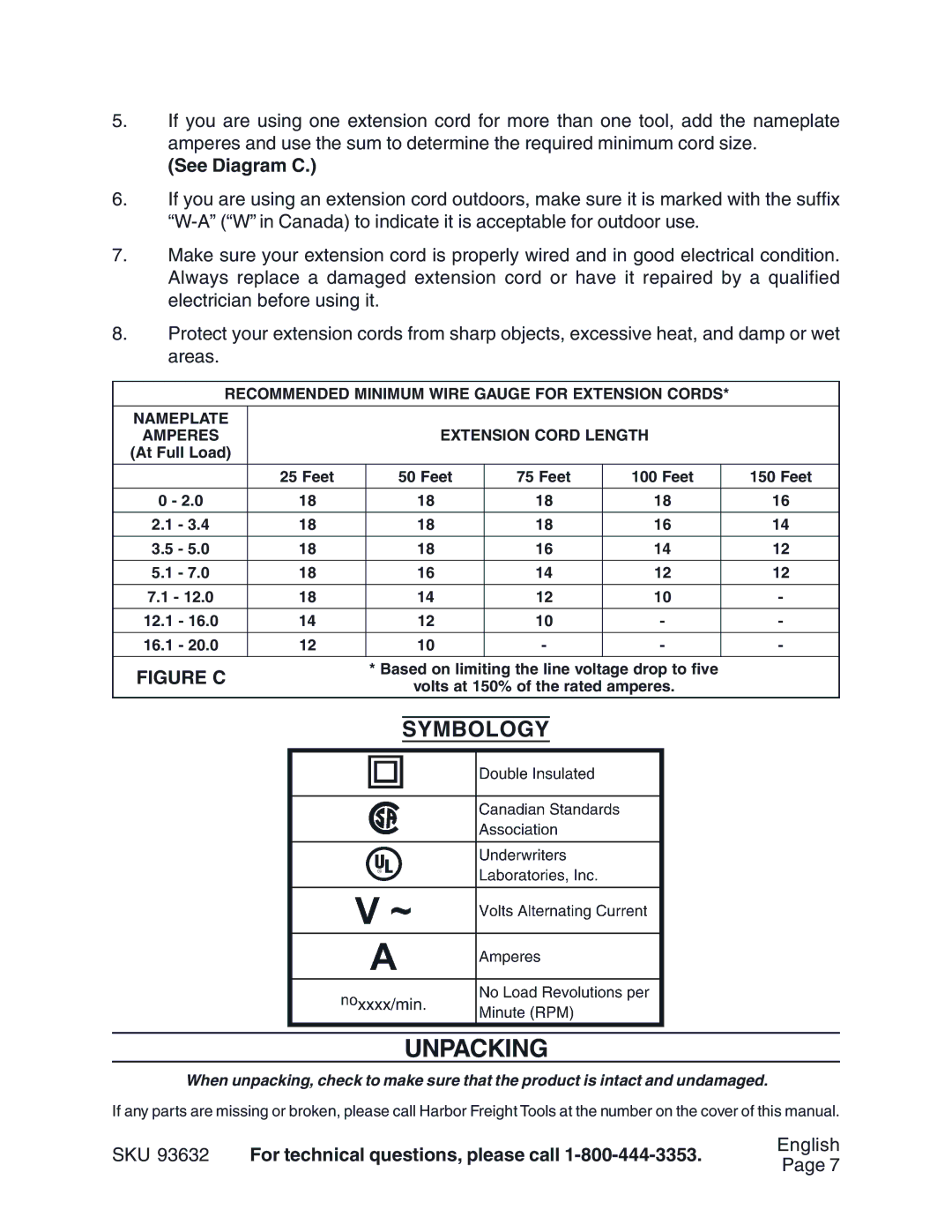 Harbor Freight Tools 93632 operating instructions Unpacking, Symbology 