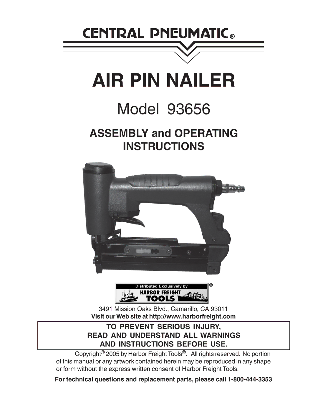 Harbor Freight Tools 93656 operating instructions AIR PIN Nailer 