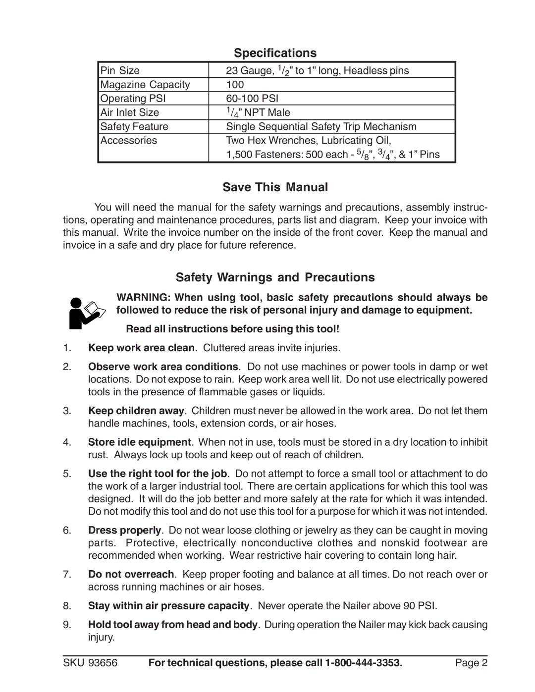 Harbor Freight Tools 93656 operating instructions Specifications, Save This Manual, Safety Warnings and Precautions 