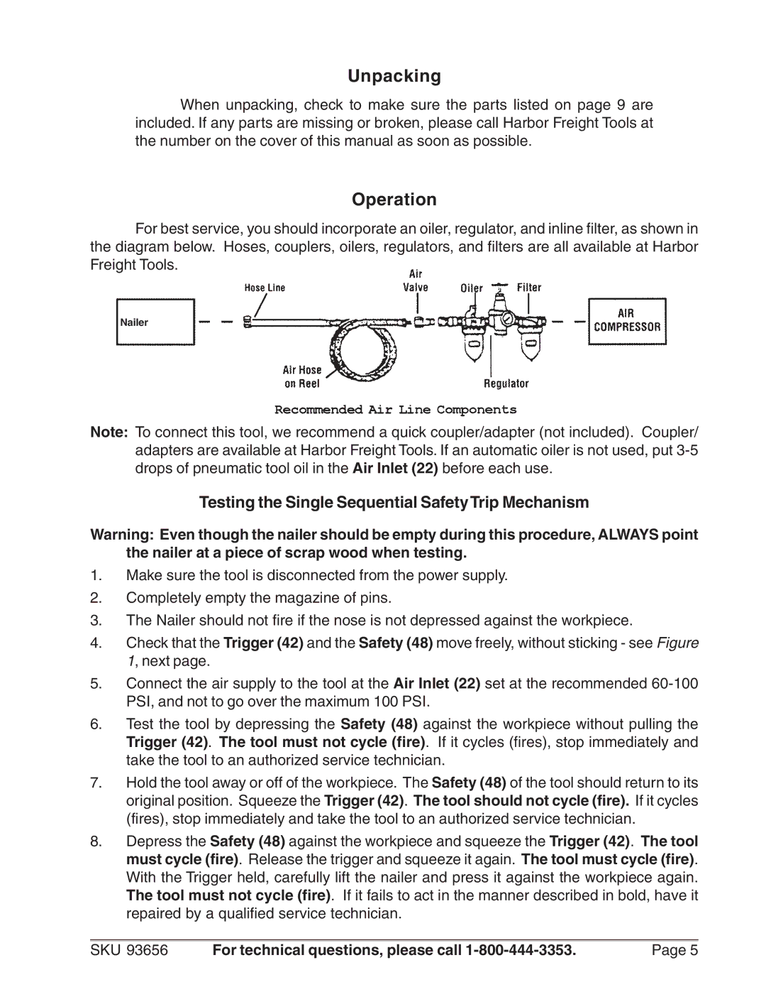 Harbor Freight Tools 93656 operating instructions Unpacking, Operation, Testing the Single Sequential SafetyTrip Mechanism 