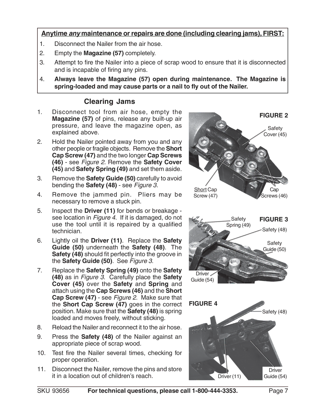 Harbor Freight Tools 93656 operating instructions Clearing Jams, Replace the Safety Spring 49 onto the Safety 