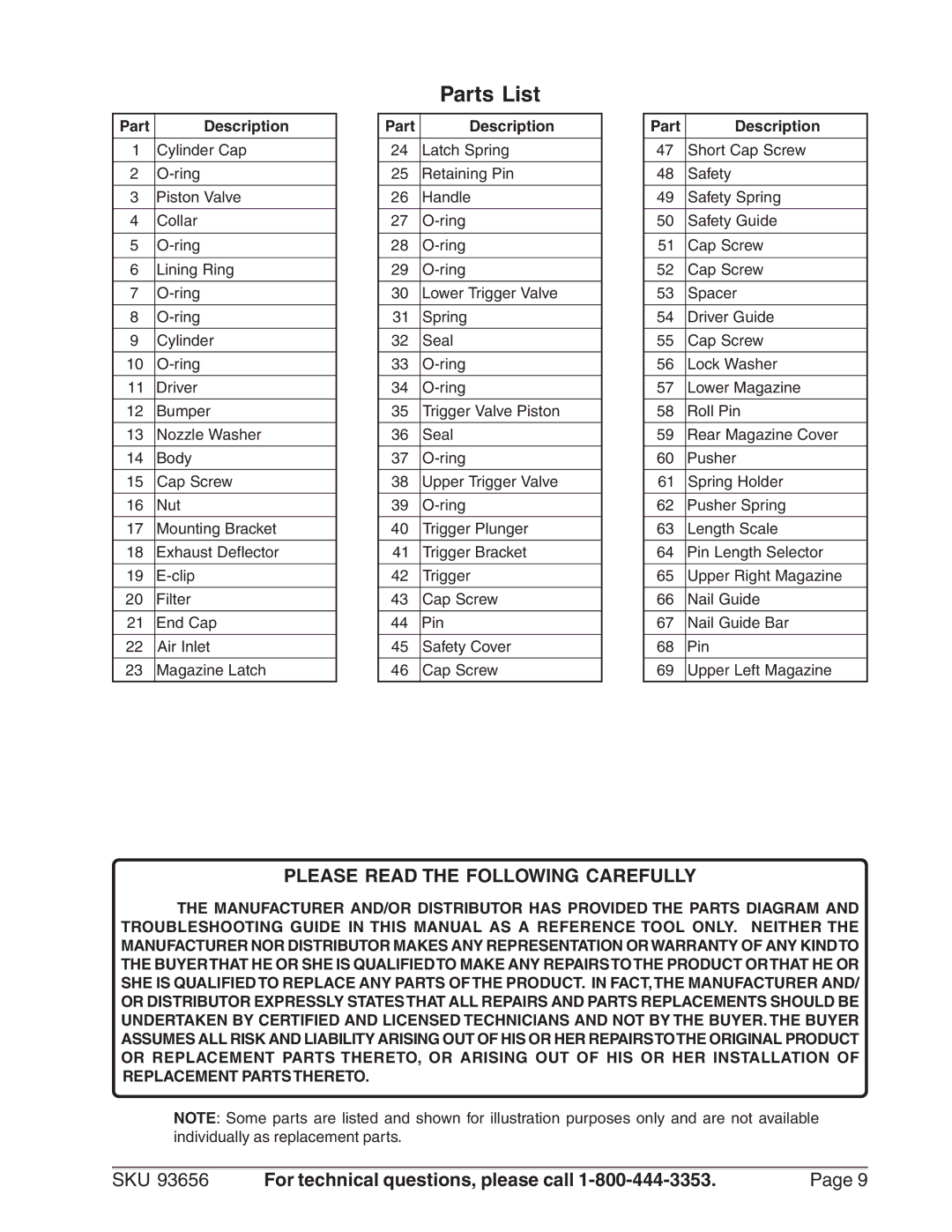 Harbor Freight Tools 93656 operating instructions Parts List, Part Description 