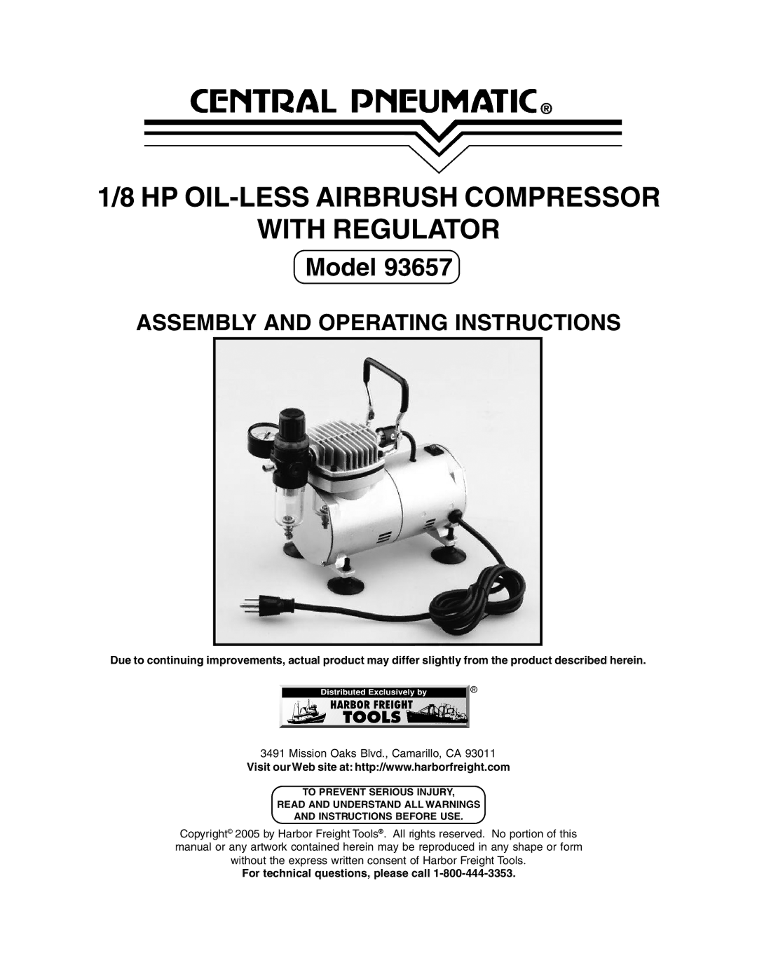 Harbor Freight Tools 93657 operating instructions HP OIL-LESS Airbrush Compressor With Regulator 