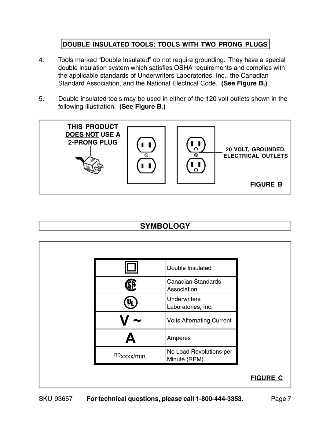 Harbor Freight Tools 93657 operating instructions Symbology, Double Insulated Tools Tools with TWO Prong Plugs 