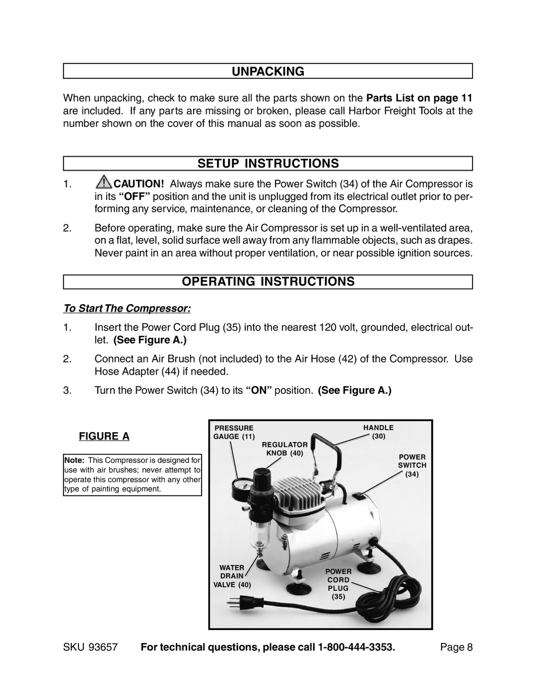 Harbor Freight Tools 93657 operating instructions Unpacking, Setup Instructions, Operating Instructions 