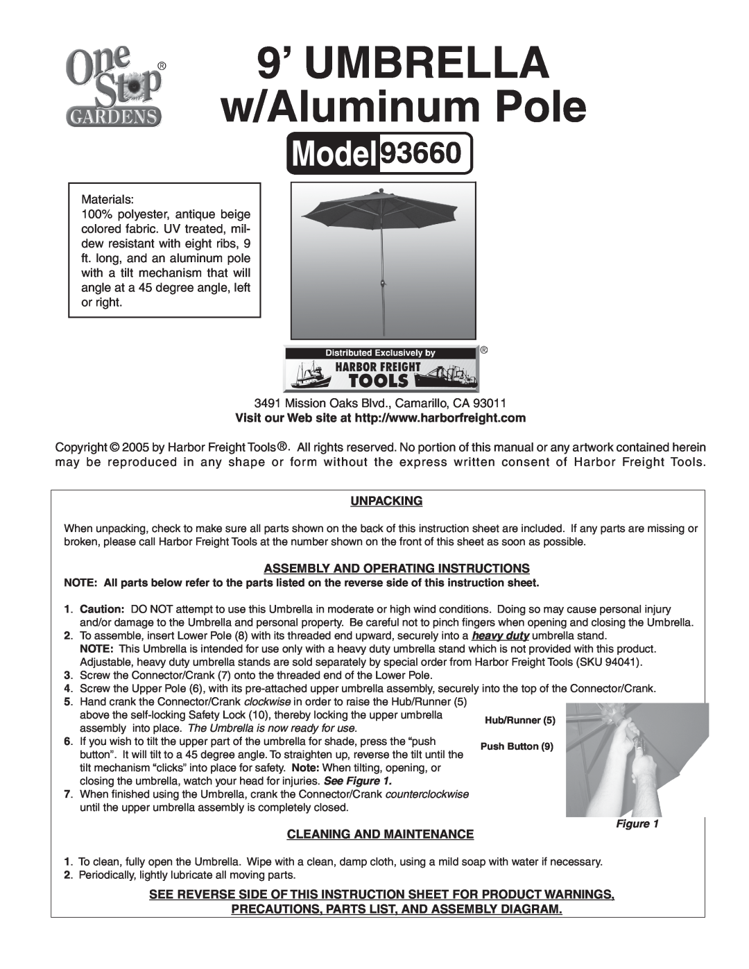 Harbor Freight Tools 93660 instruction sheet 9’ UMBRELLA w/Aluminum Pole, Materials, Mission Oaks Blvd., Camarillo, CA 