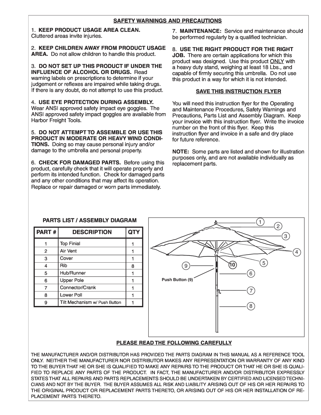 Harbor Freight Tools 93660 instruction sheet Part #, Description 