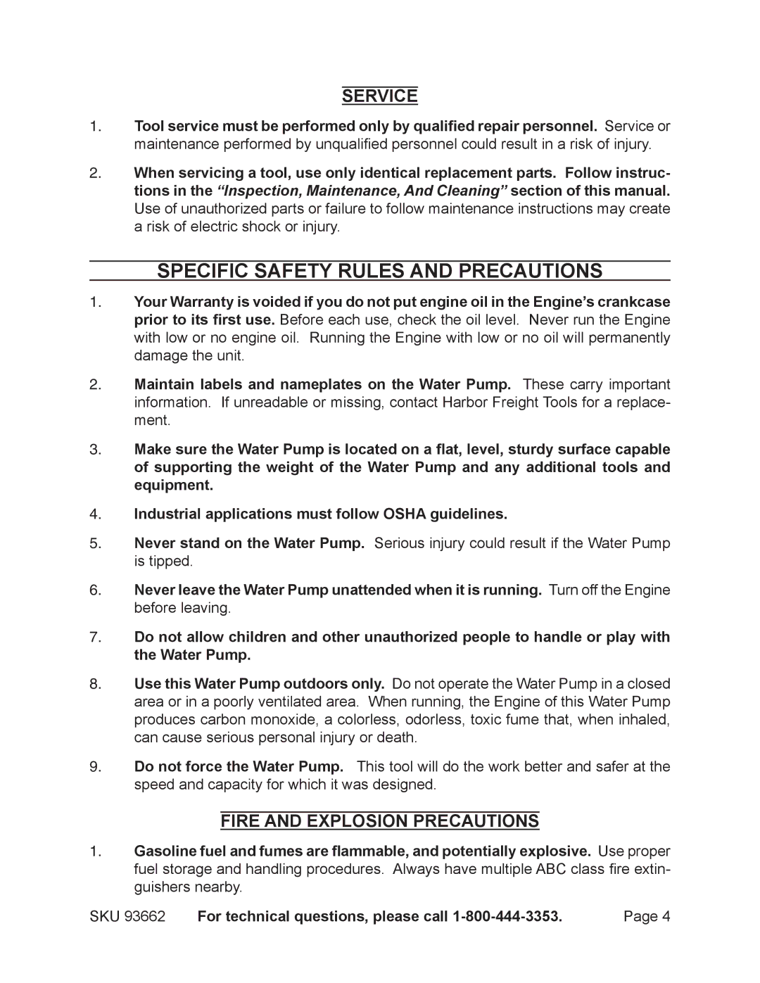 Harbor Freight Tools 93662 manual Specific Safety Rules and Precautions, Service, Fire and Explosion Precautions 