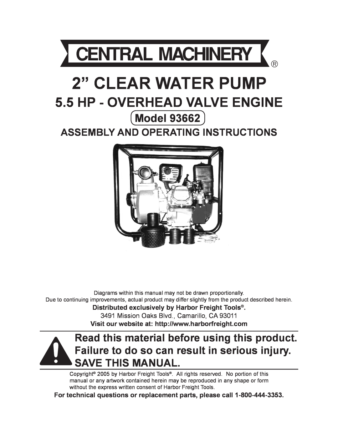 Harbor Freight Tools 93662 manual Assembly And Operating Instructions, 2” CLEAR WATER PUMP, Hp - Overhead Valve Engine 