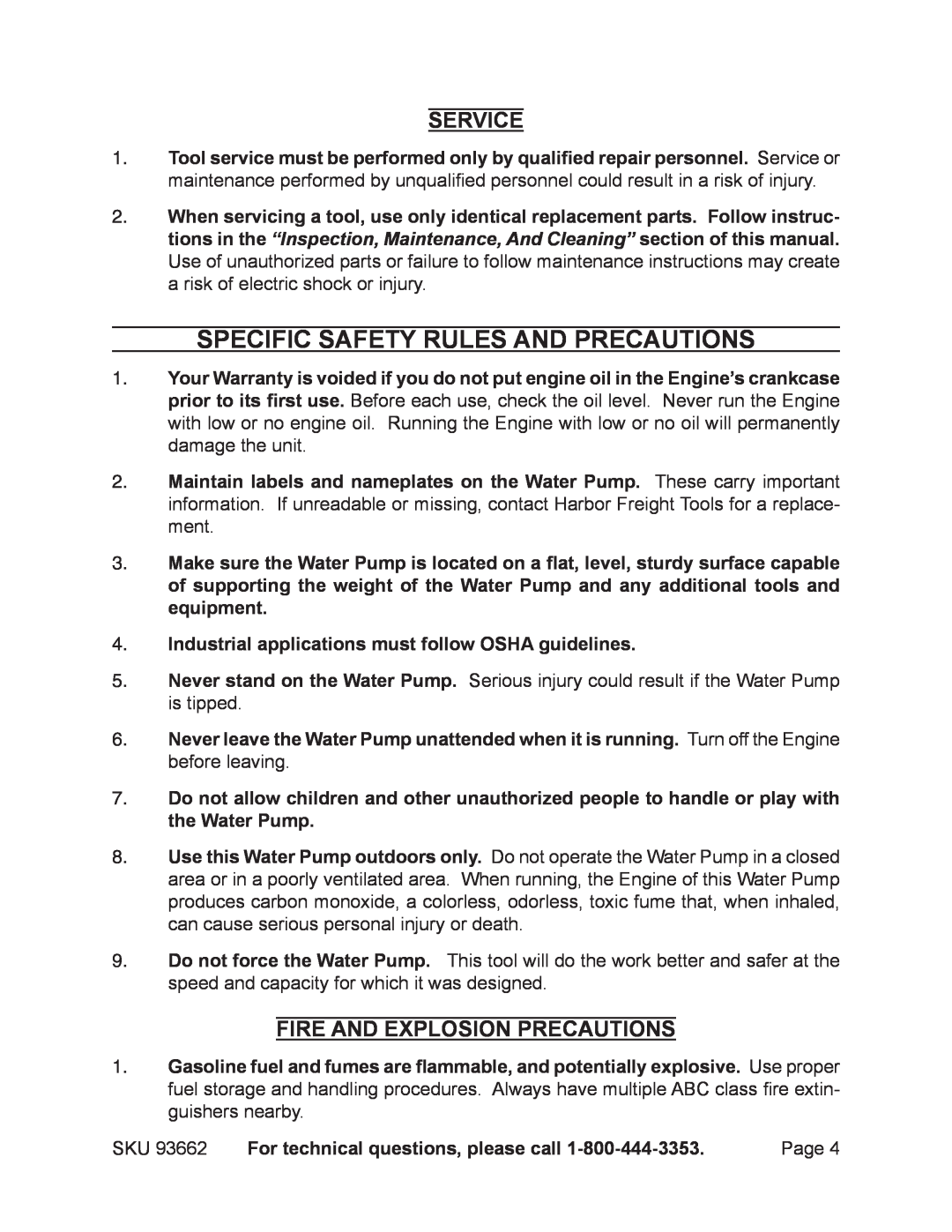 Harbor Freight Tools 93662 manual Specific Safety Rules And Precautions, Service, Fire And Explosion Precautions 