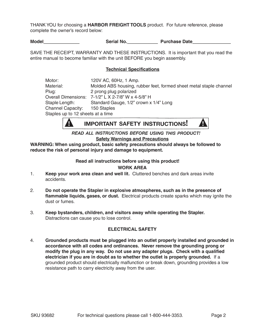 Harbor Freight Tools 93682 Model Serial No. Purchase Date, Technical Specifications, Work Area, Electrical Safety 