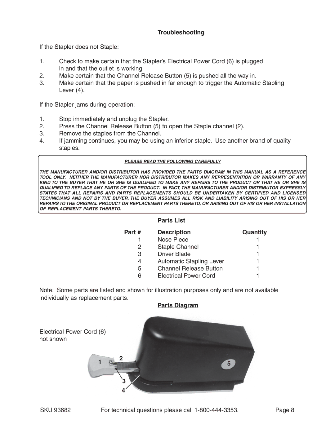 Harbor Freight Tools 93682 operating instructions Troubleshooting, Parts List Description Quantity, Parts Diagram 