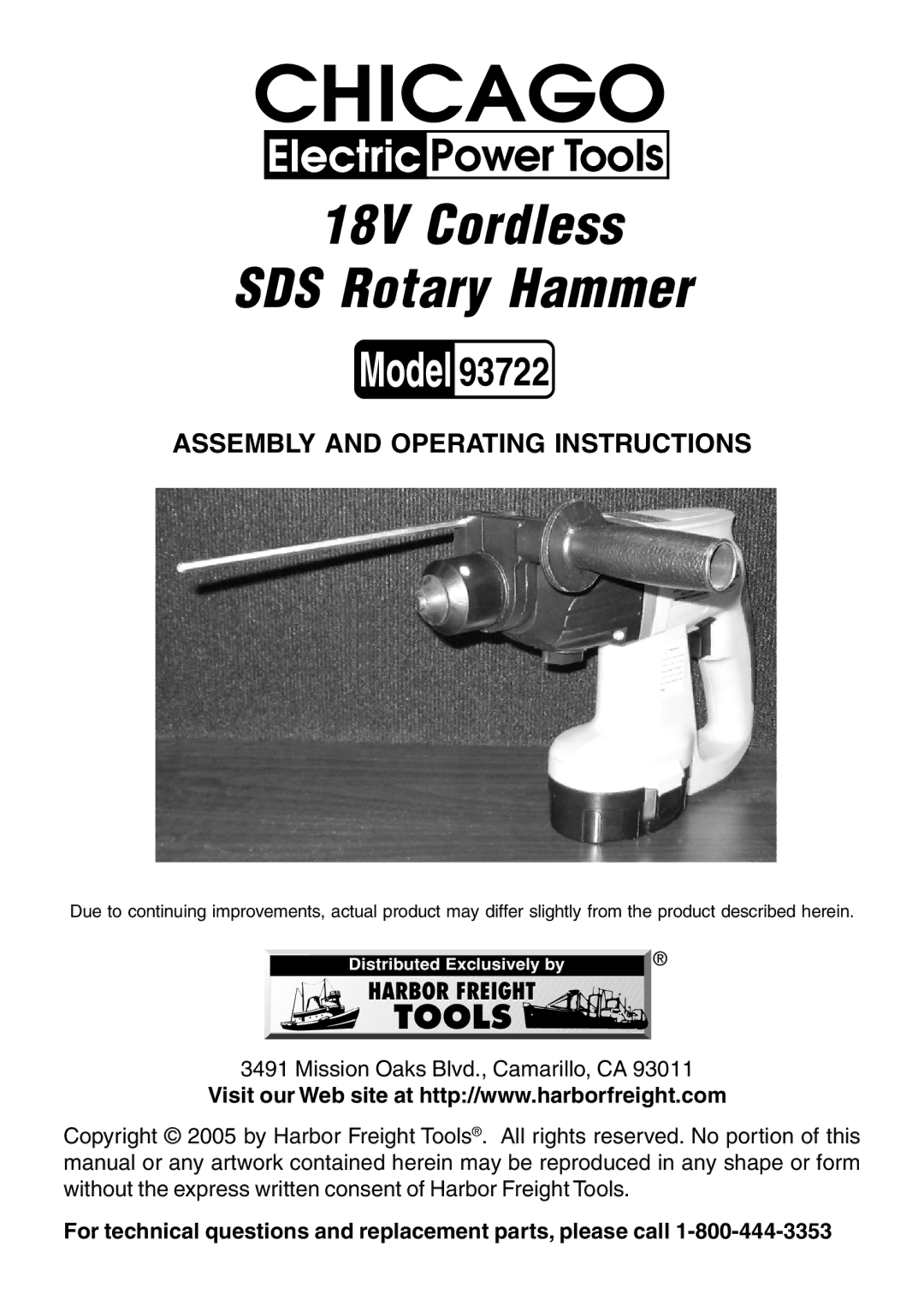 Harbor Freight Tools 93722 operating instructions 18V Cordless SDS Rotary Hammer 