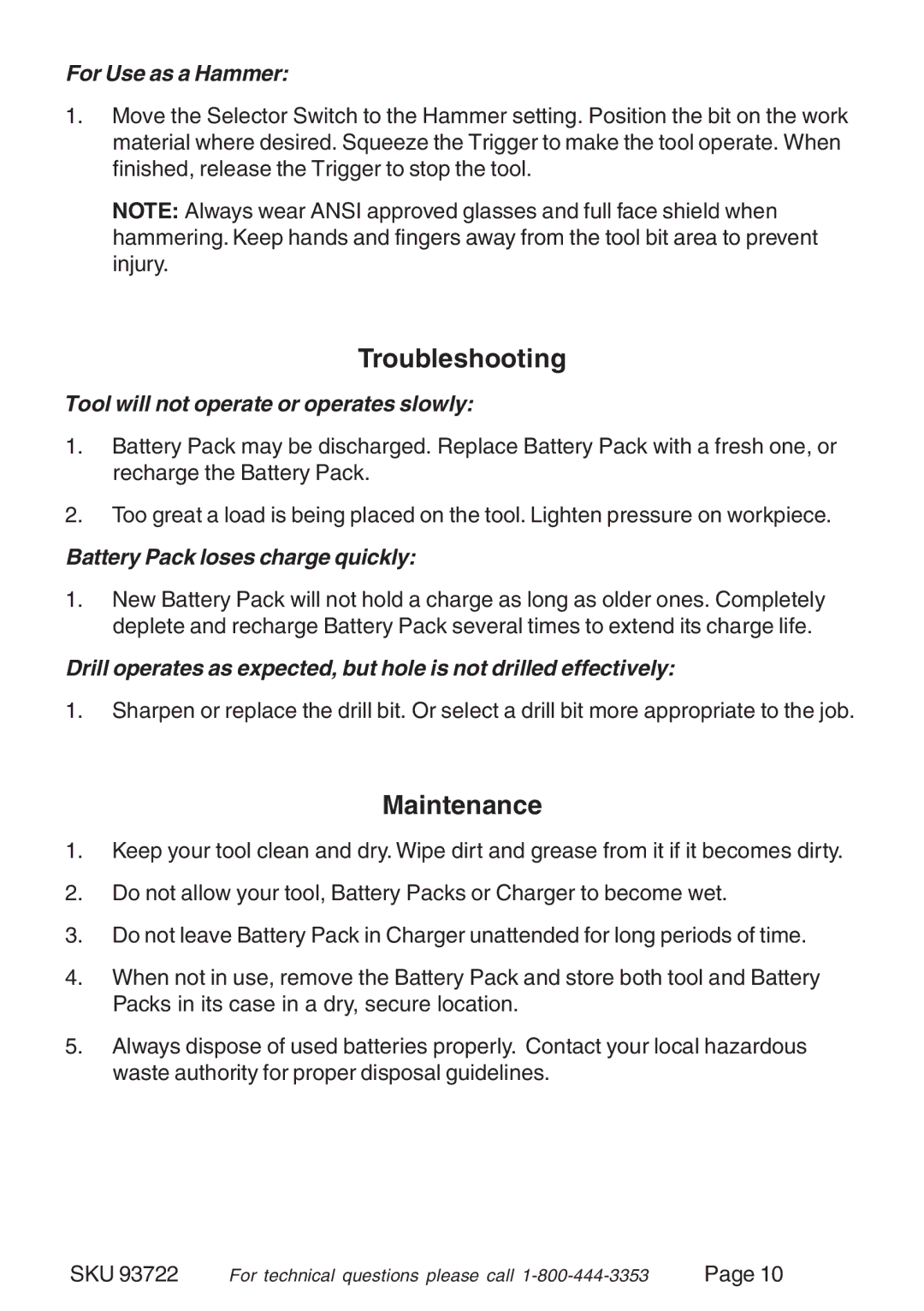 Harbor Freight Tools 93722 Troubleshooting, Maintenance, For Use as a Hammer, Tool will not operate or operates slowly 