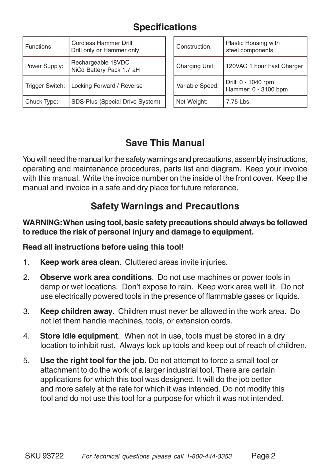 Harbor Freight Tools 93722 operating instructions Specifications, Save This Manual, Safety Warnings and Precautions 