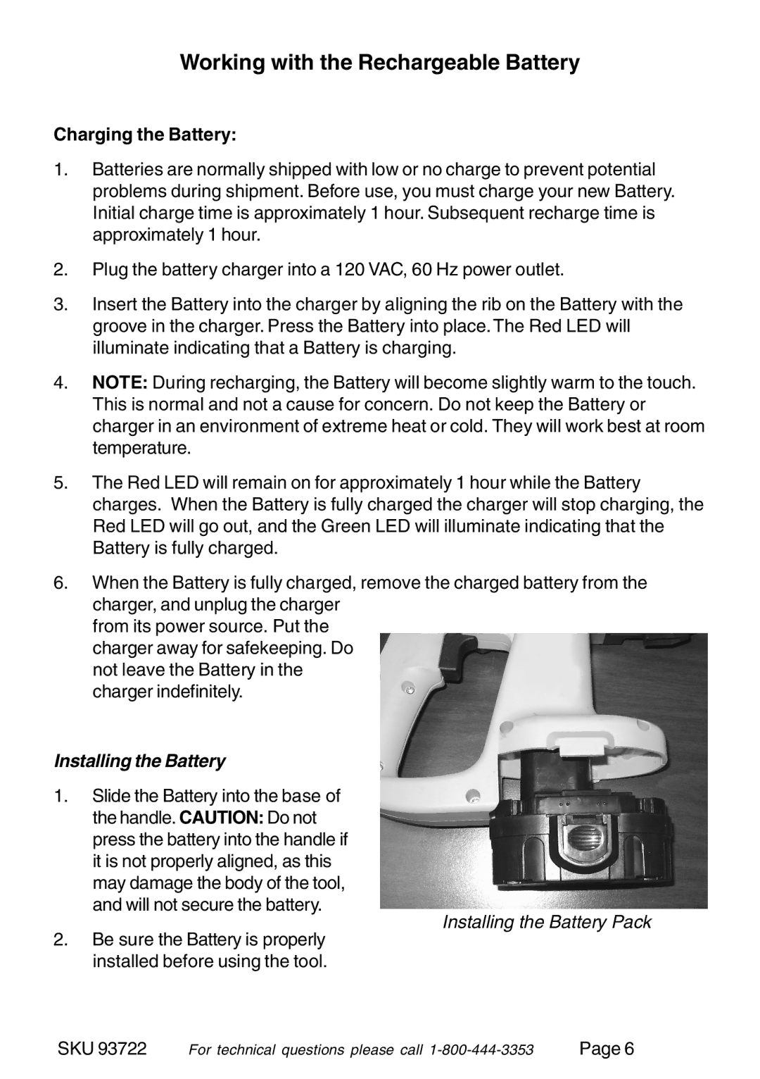 Harbor Freight Tools 93722 Working with the Rechargeable Battery, Charging the Battery, Installing the Battery 