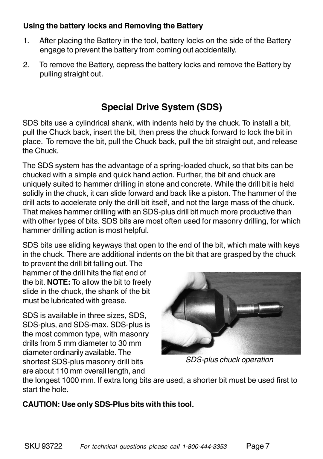 Harbor Freight Tools 93722 Special Drive System SDS, Using the battery locks and Removing the Battery 