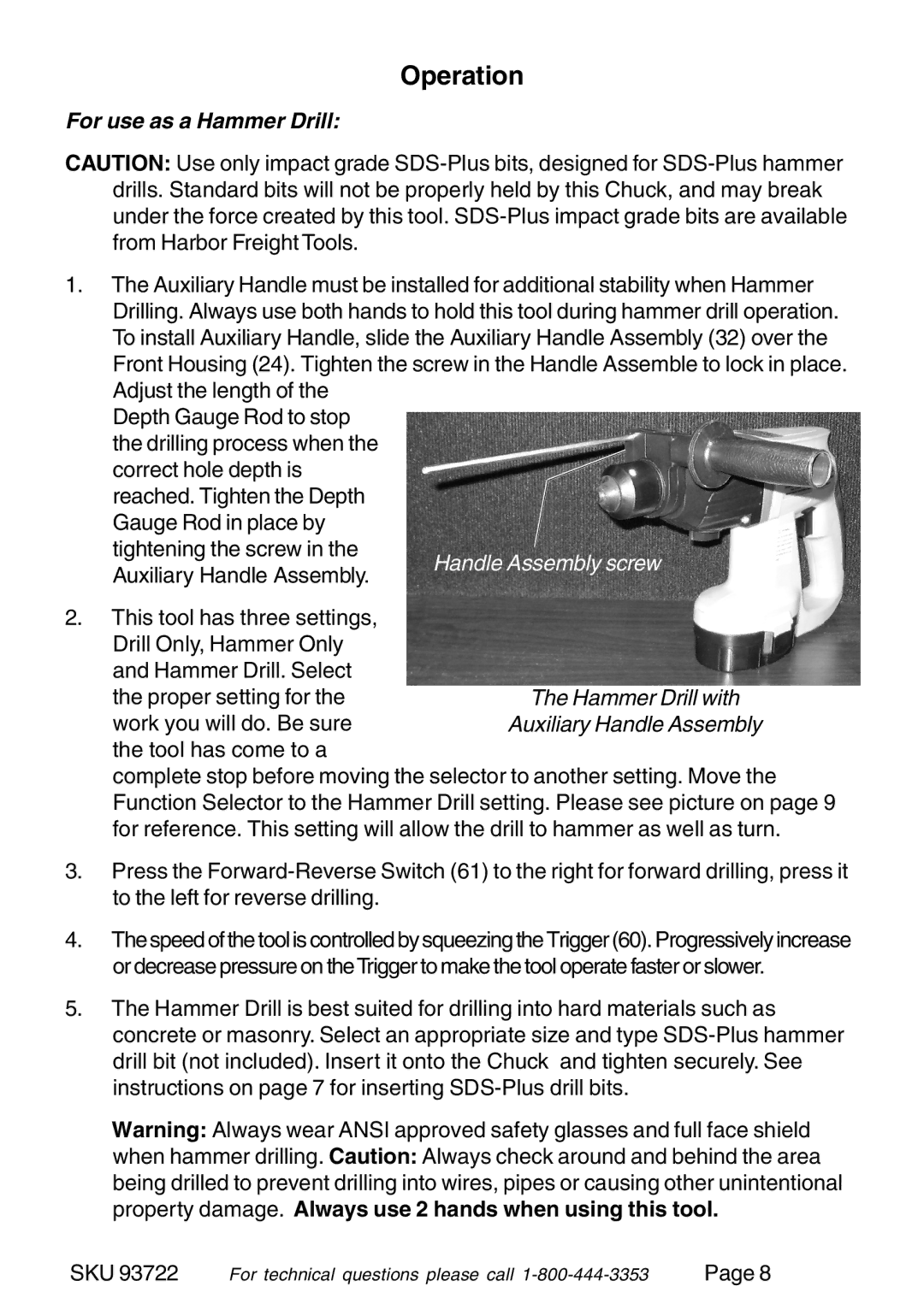 Harbor Freight Tools 93722 operating instructions Operation, For use as a Hammer Drill 