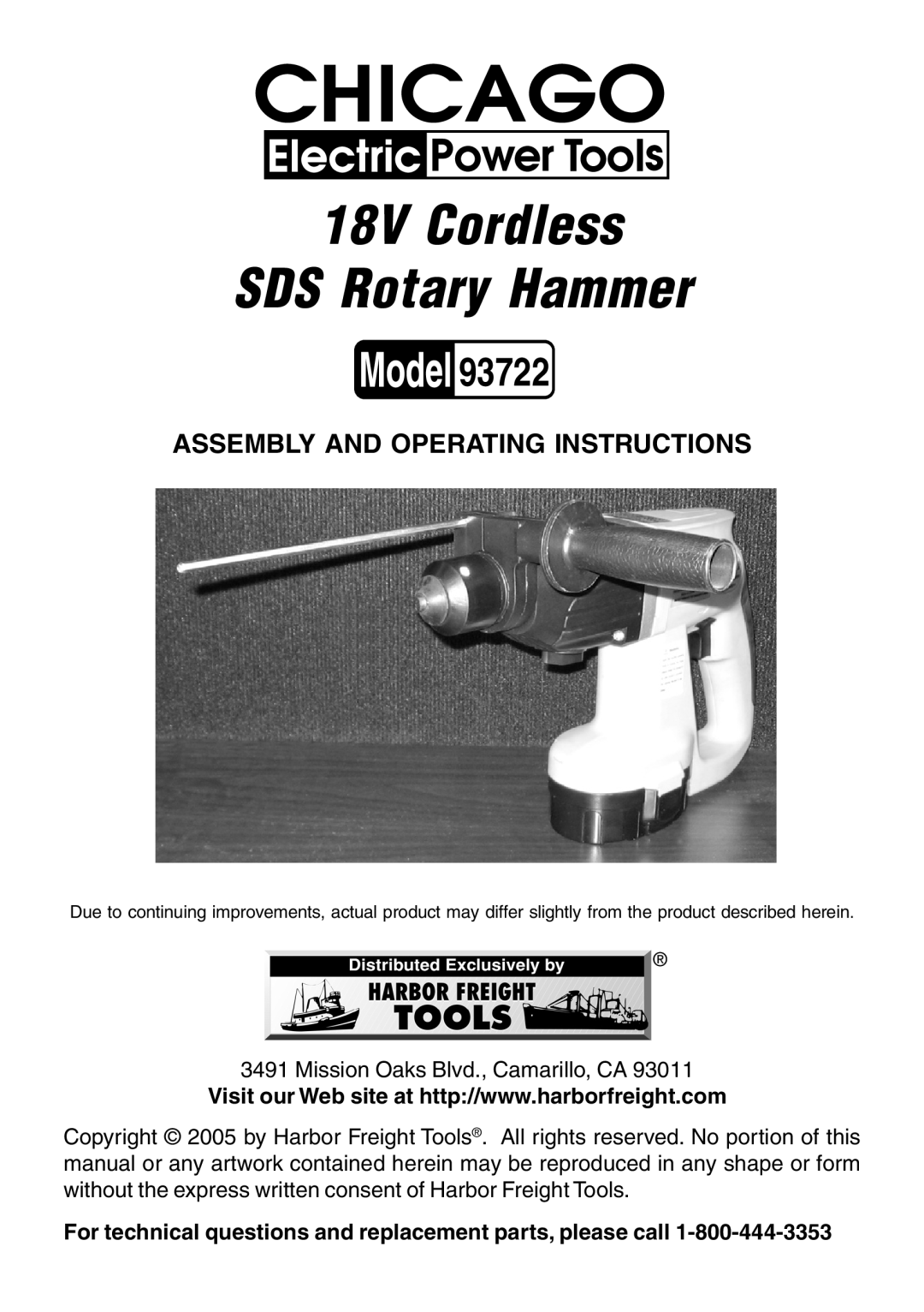Harbor Freight Tools 93722 operating instructions Assembly And Operating Instructions, 18V Cordless SDS Rotary Hammer 