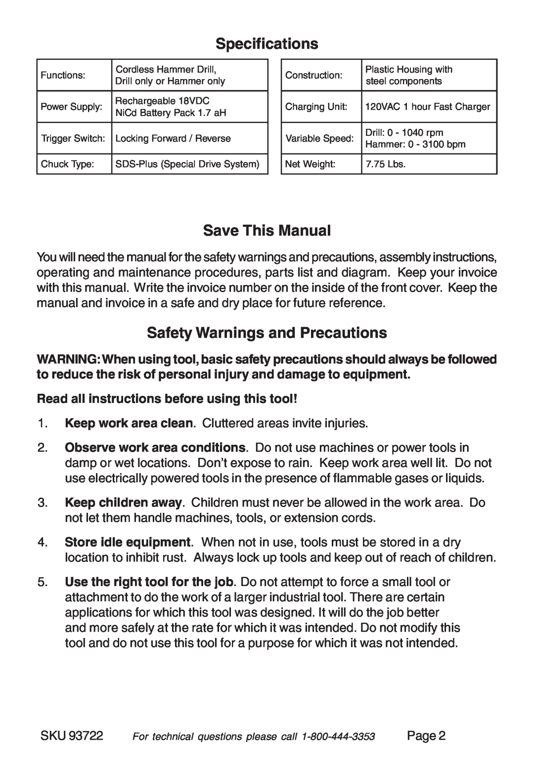 Harbor Freight Tools 93722 operating instructions Specifications, Save This Manual, Safety Warnings and Precautions, Page 