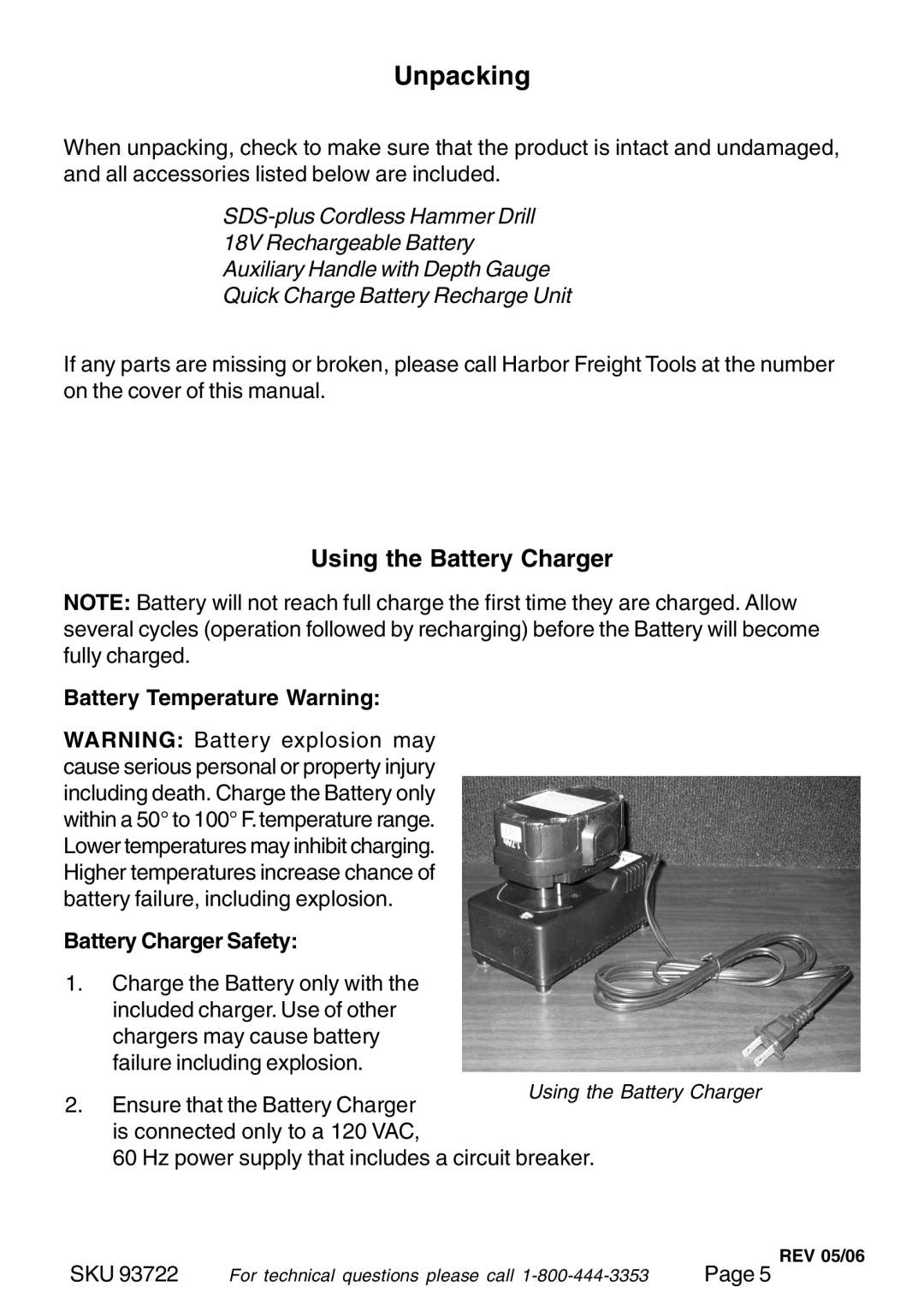 Harbor Freight Tools 93722 Unpacking, Using the Battery Charger, Battery Temperature Warning, Battery Charger Safety, Page 