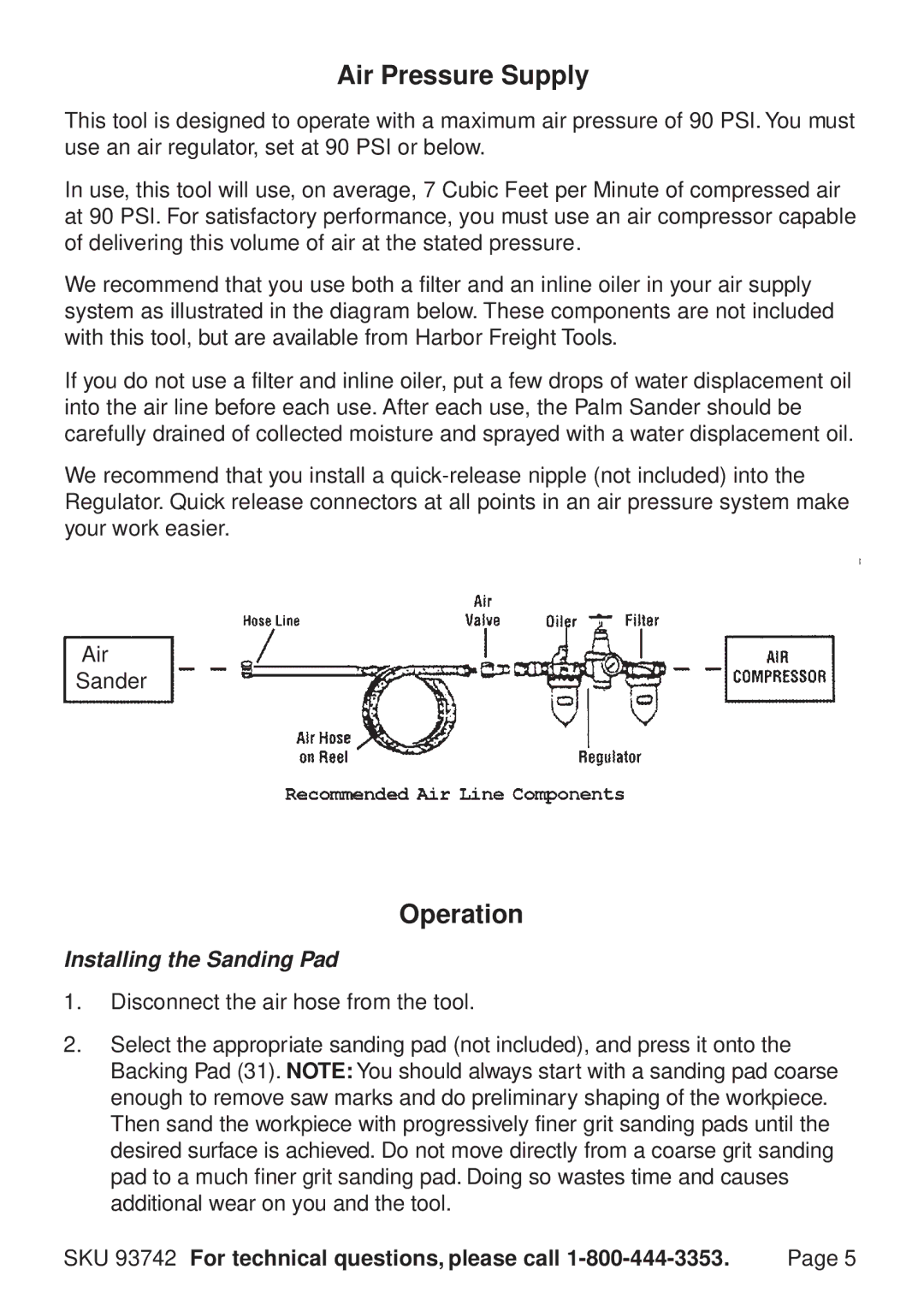 Harbor Freight Tools 93742 operating instructions Air Pressure Supply, Operation, Installing the Sanding Pad 