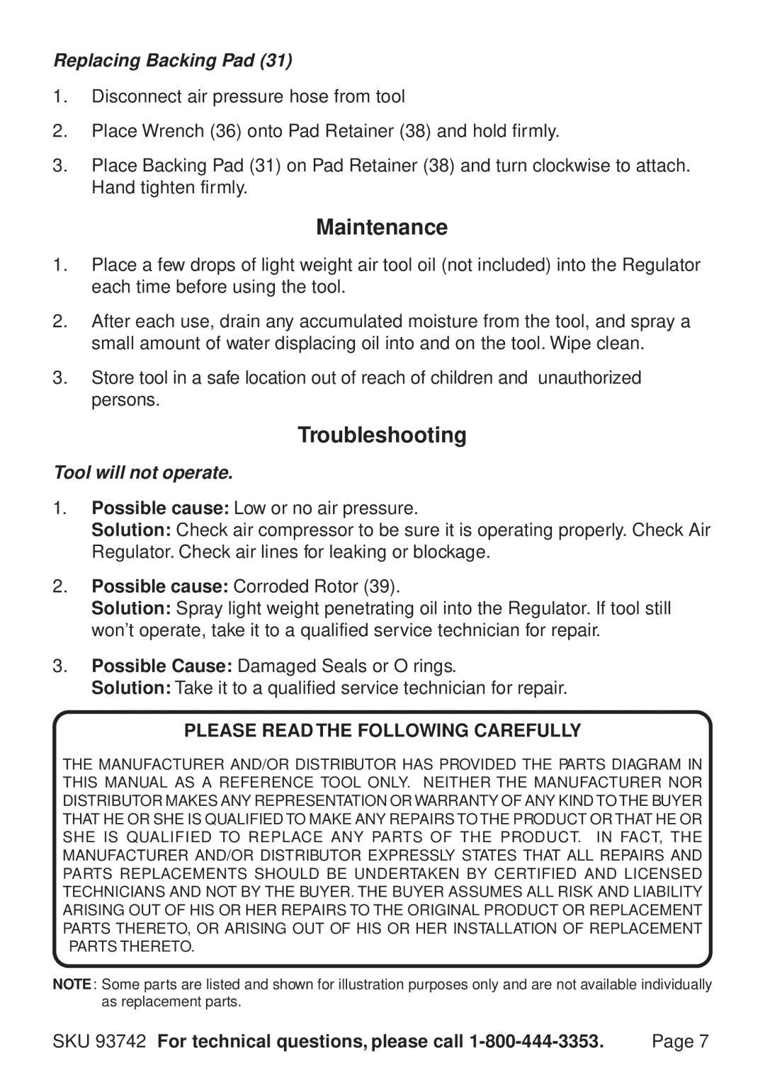 Harbor Freight Tools 93742 Maintenance, Troubleshooting, Replacing Backing Pad, Tool will not operate 