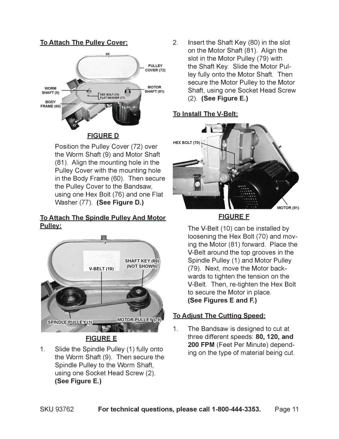 Harbor Freight Tools 93762 To Attach The Pulley Cover, See Figure E, To Attach The Spindle Pulley And Motor Pulley 