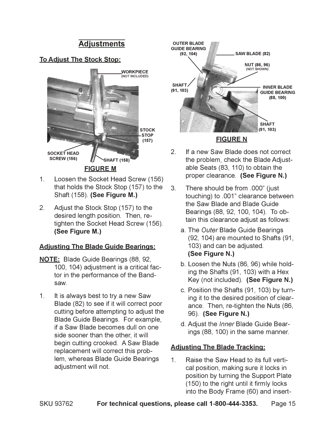 Harbor Freight Tools 93762 Adjustments, To Adjust The Stock Stop, See Figure M Adjusting The Blade Guide Bearings 