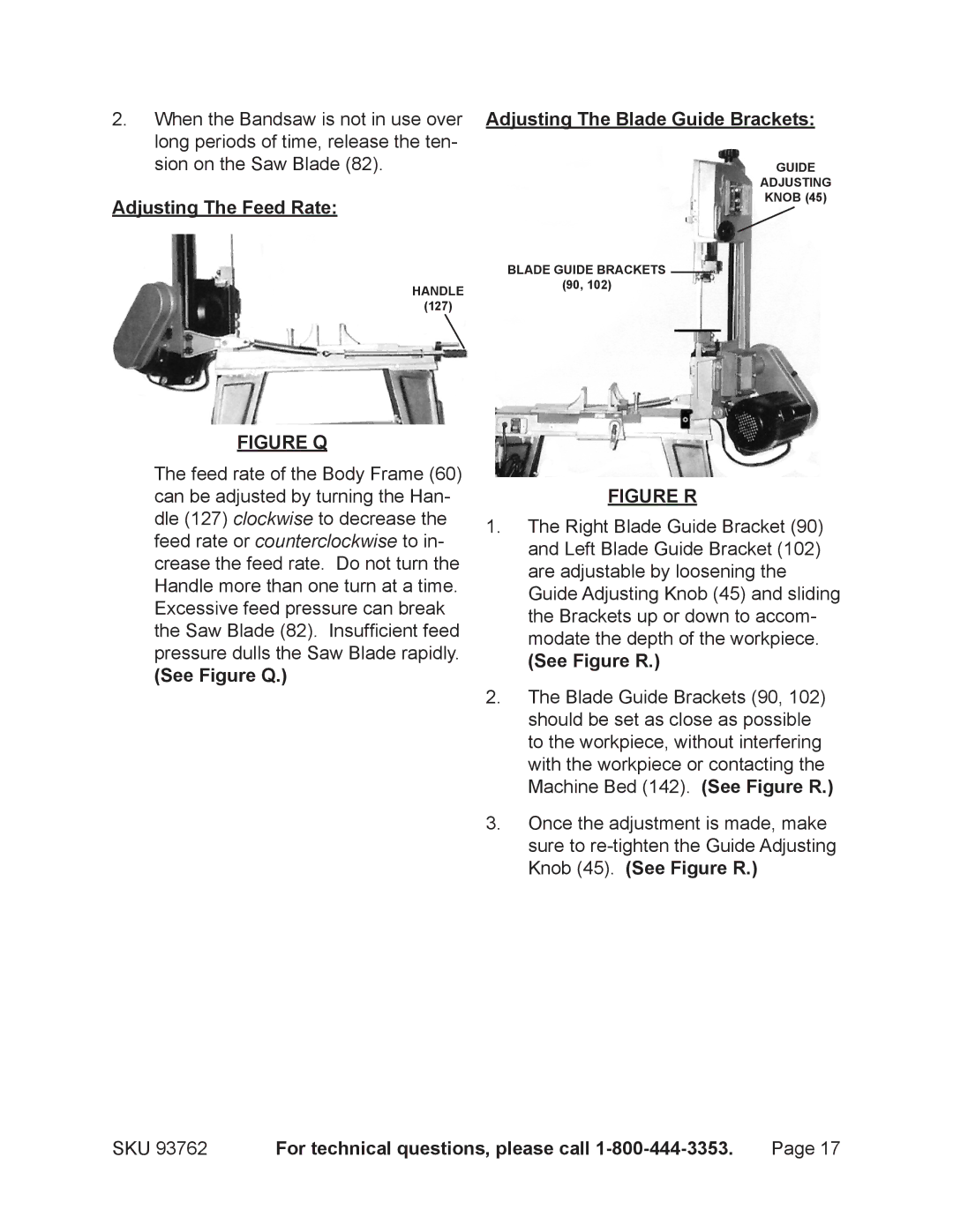 Harbor Freight Tools 93762 Adjusting The Feed Rate, See Figure Q Adjusting The Blade Guide Brackets, See Figure R 