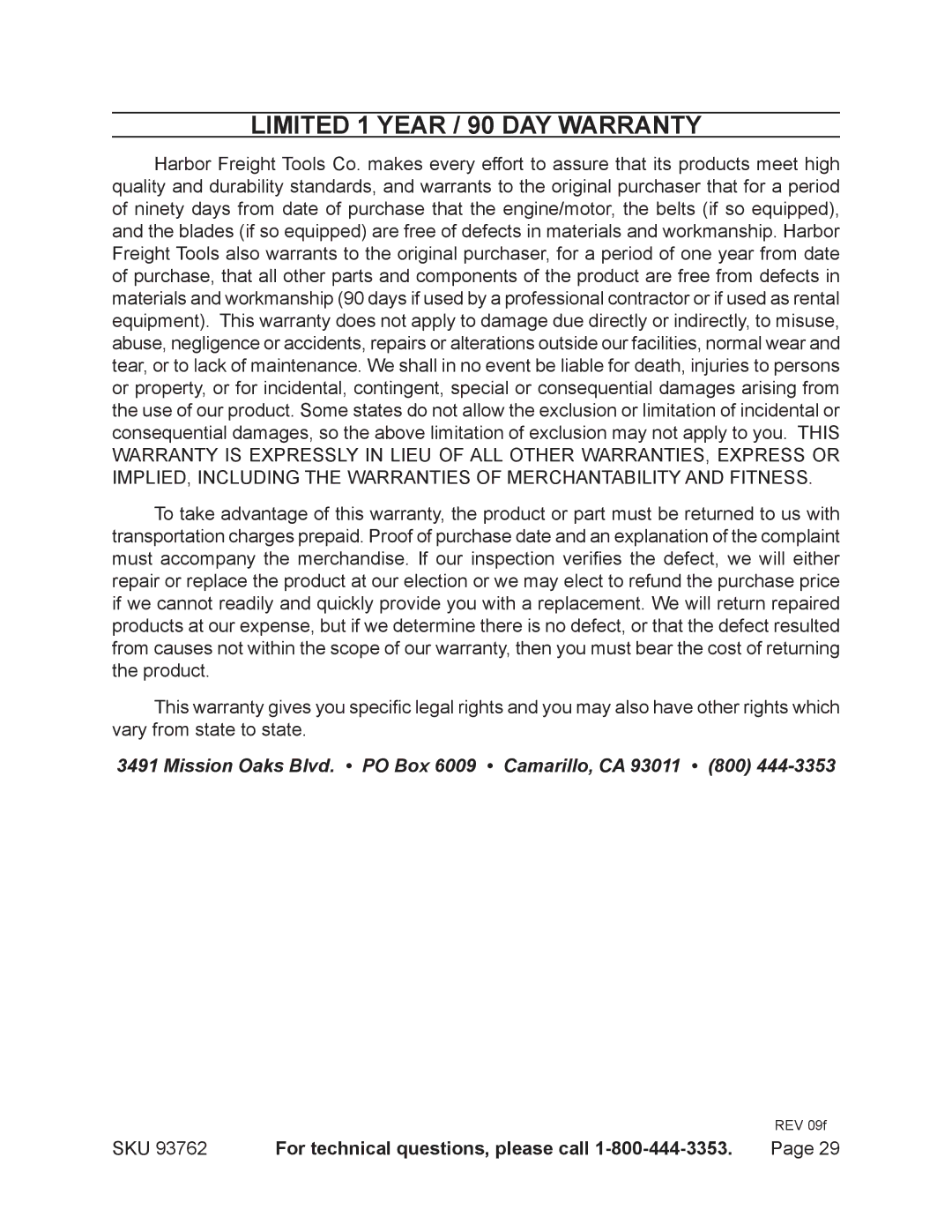 Harbor Freight Tools 93762 operating instructions Limited 1 year / 90 Day warranty 