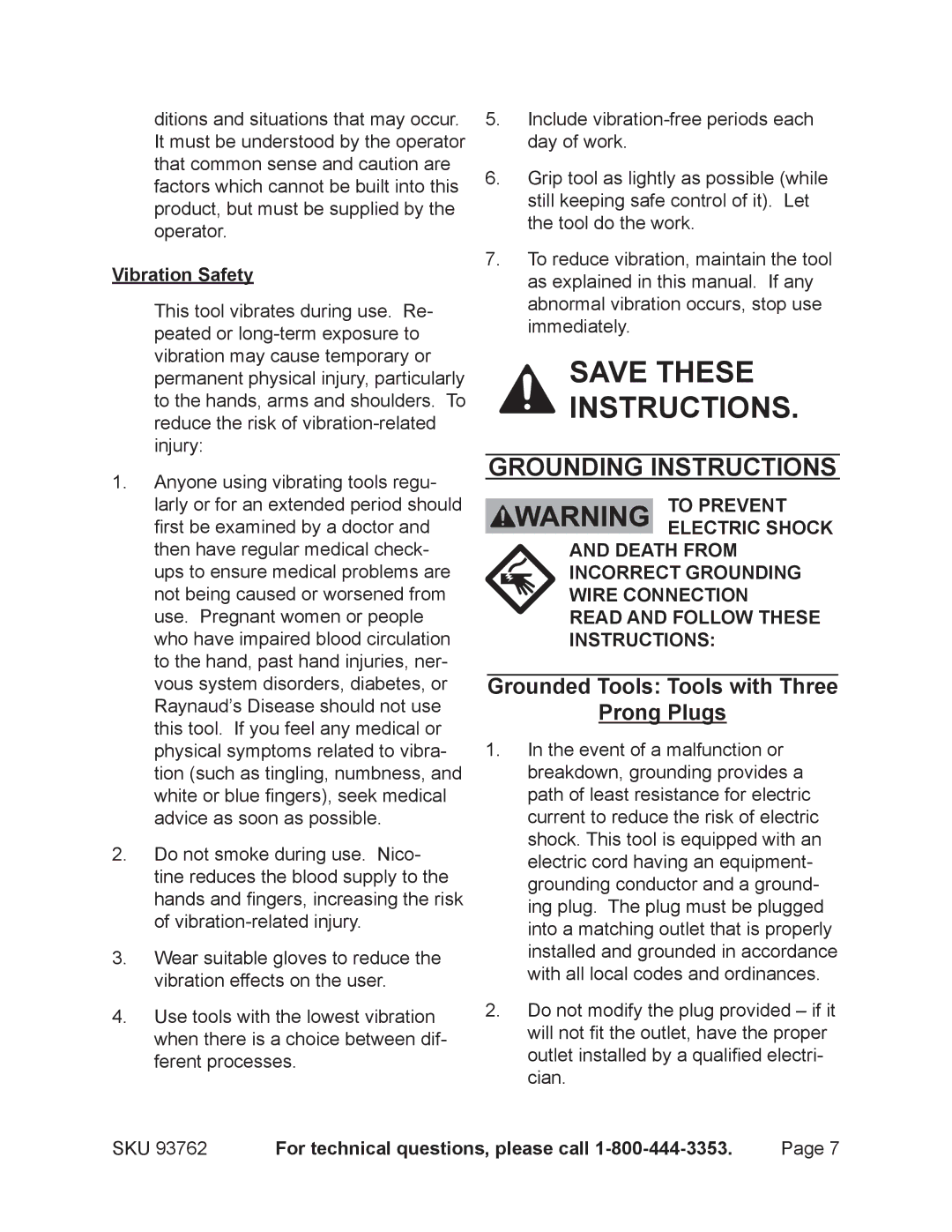 Harbor Freight Tools 93762 operating instructions Grounding Instructions, Grounded Tools Tools with Three Prong Plugs 