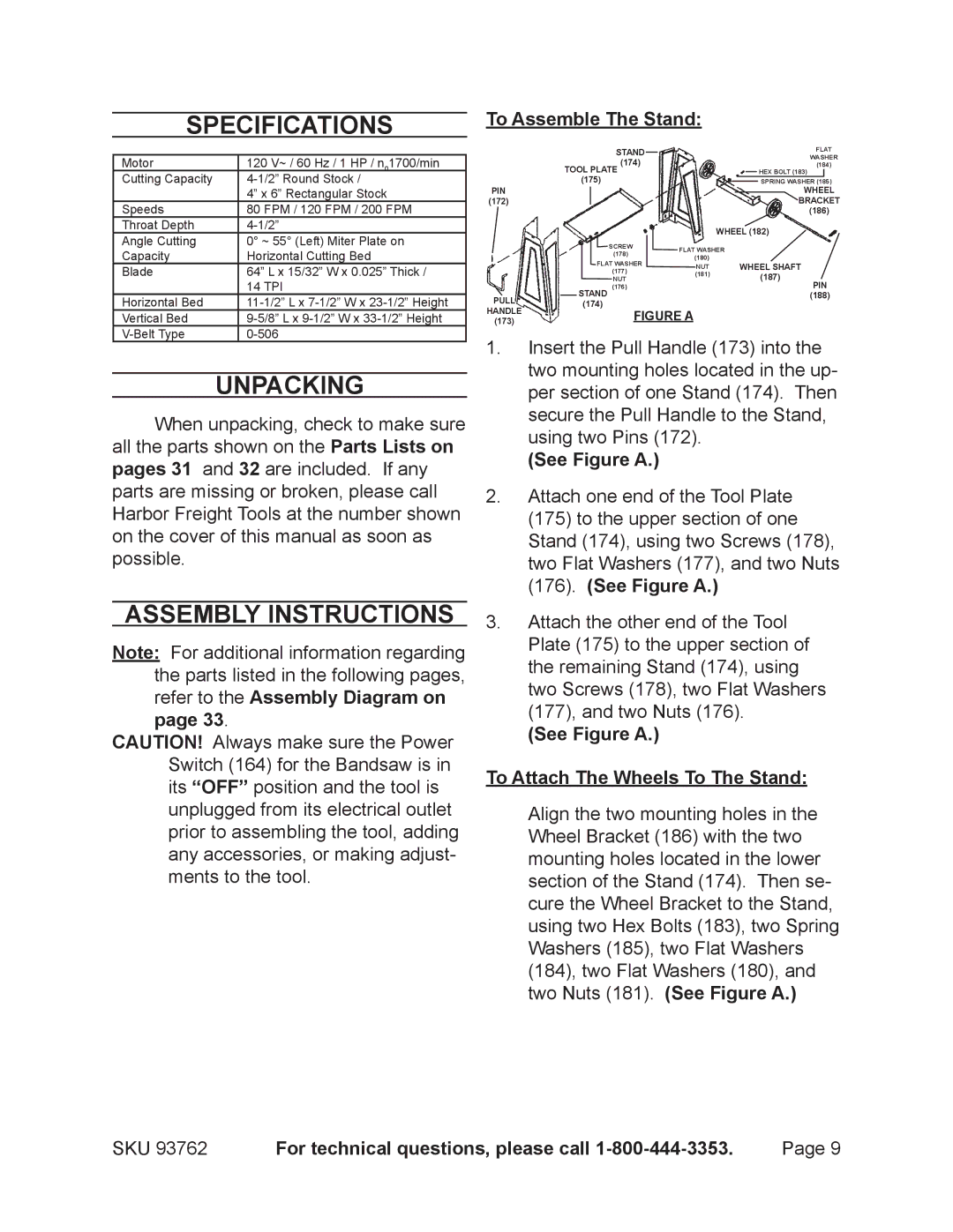 Harbor Freight Tools 93762 operating instructions To Assemble The Stand, See Figure a To Attach The Wheels To The Stand 