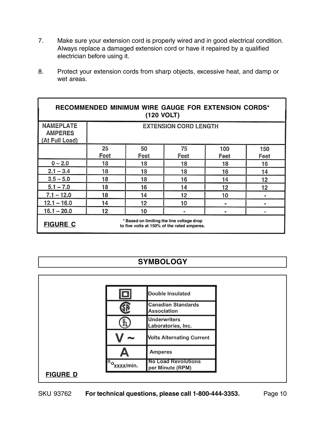 Harbor Freight Tools 93762 operating instructions Symbology, Recommended Minimum Wire Gauge for Extension Cords, Volt 