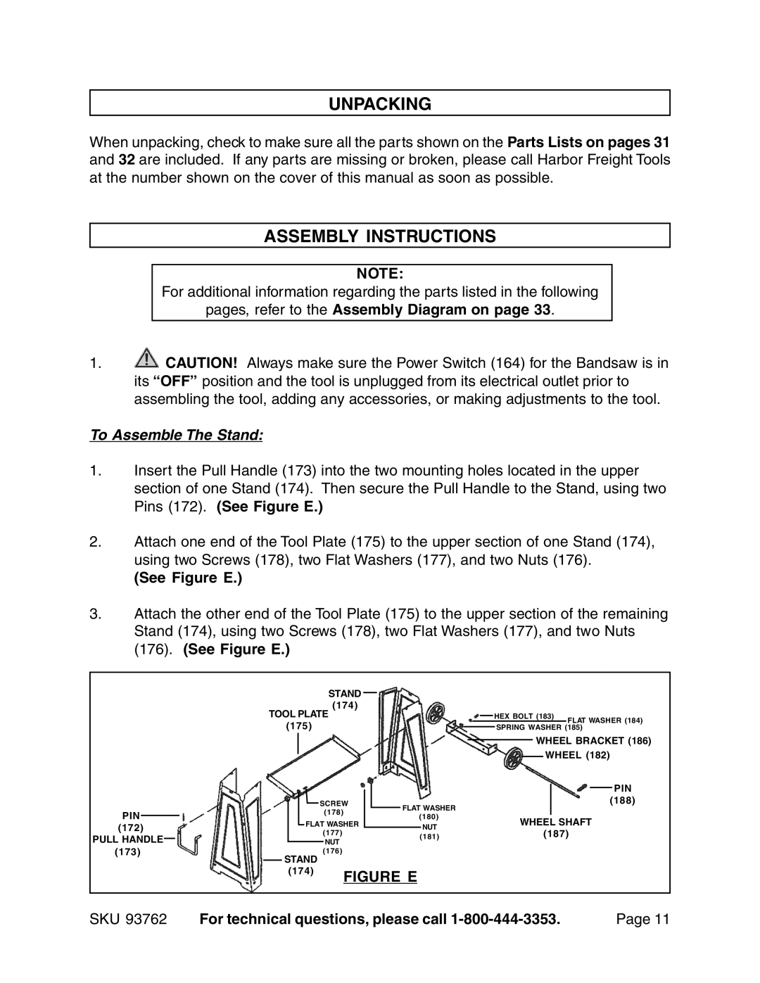 Harbor Freight Tools 93762 Unpacking, Assembly Instructions, Pages, refer to the Assembly Diagram on, See Figure E 