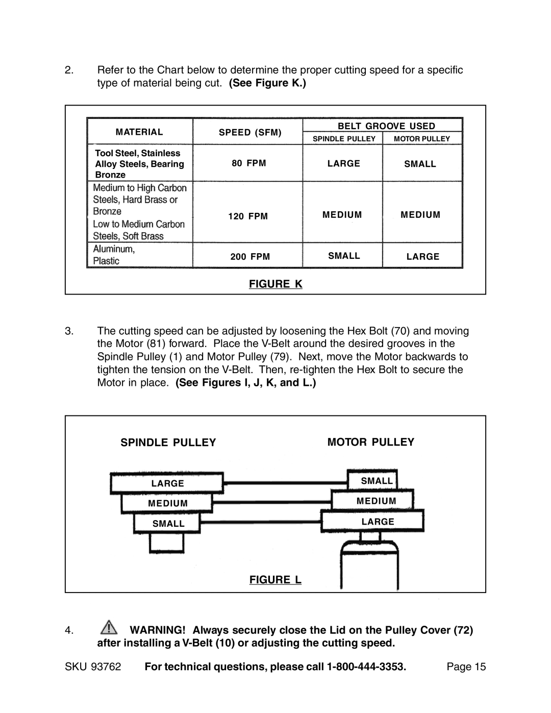 Harbor Freight Tools 93762 operating instructions Figure K, Spindle Pulley Motor Pulley 