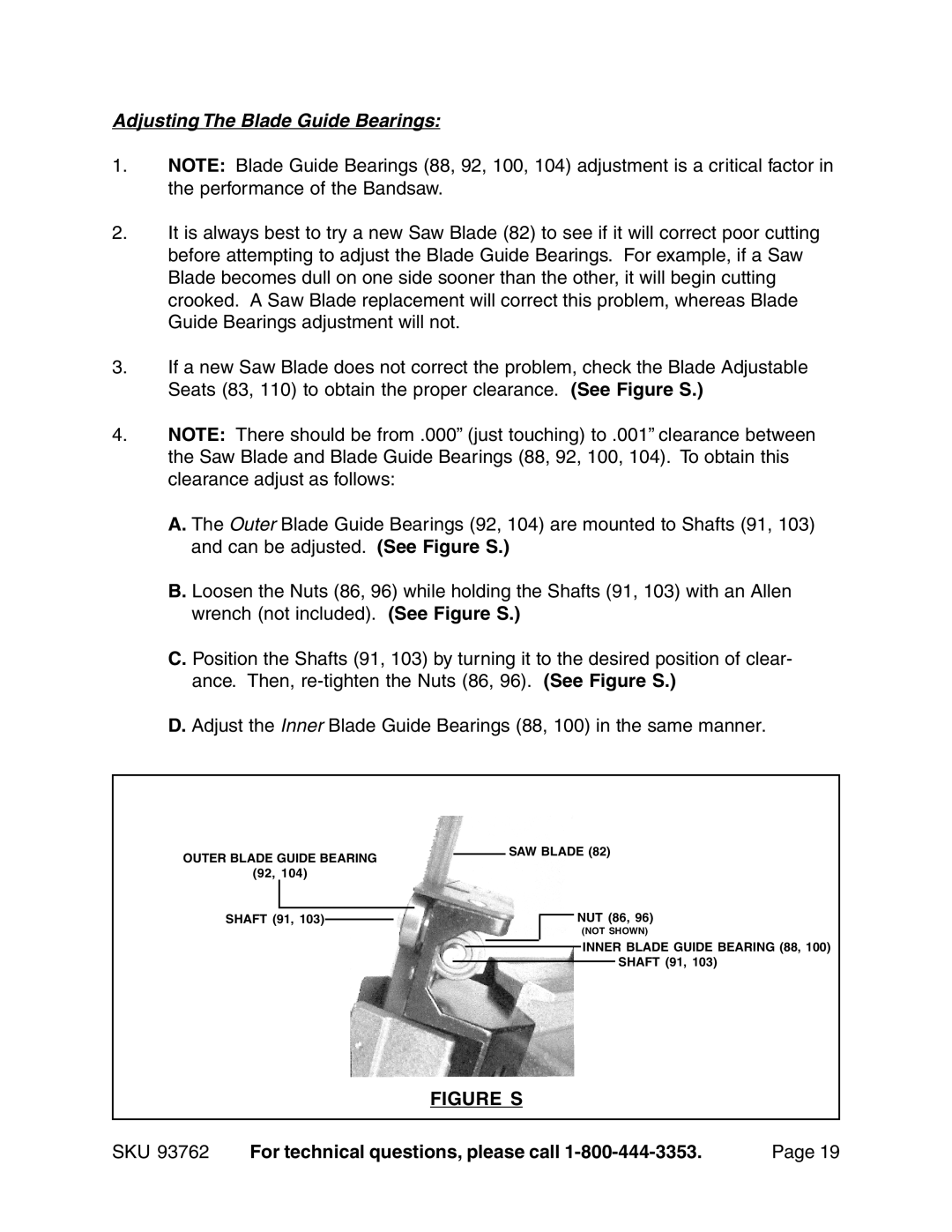 Harbor Freight Tools 93762 operating instructions Adjusting The Blade Guide Bearings, Figure S 