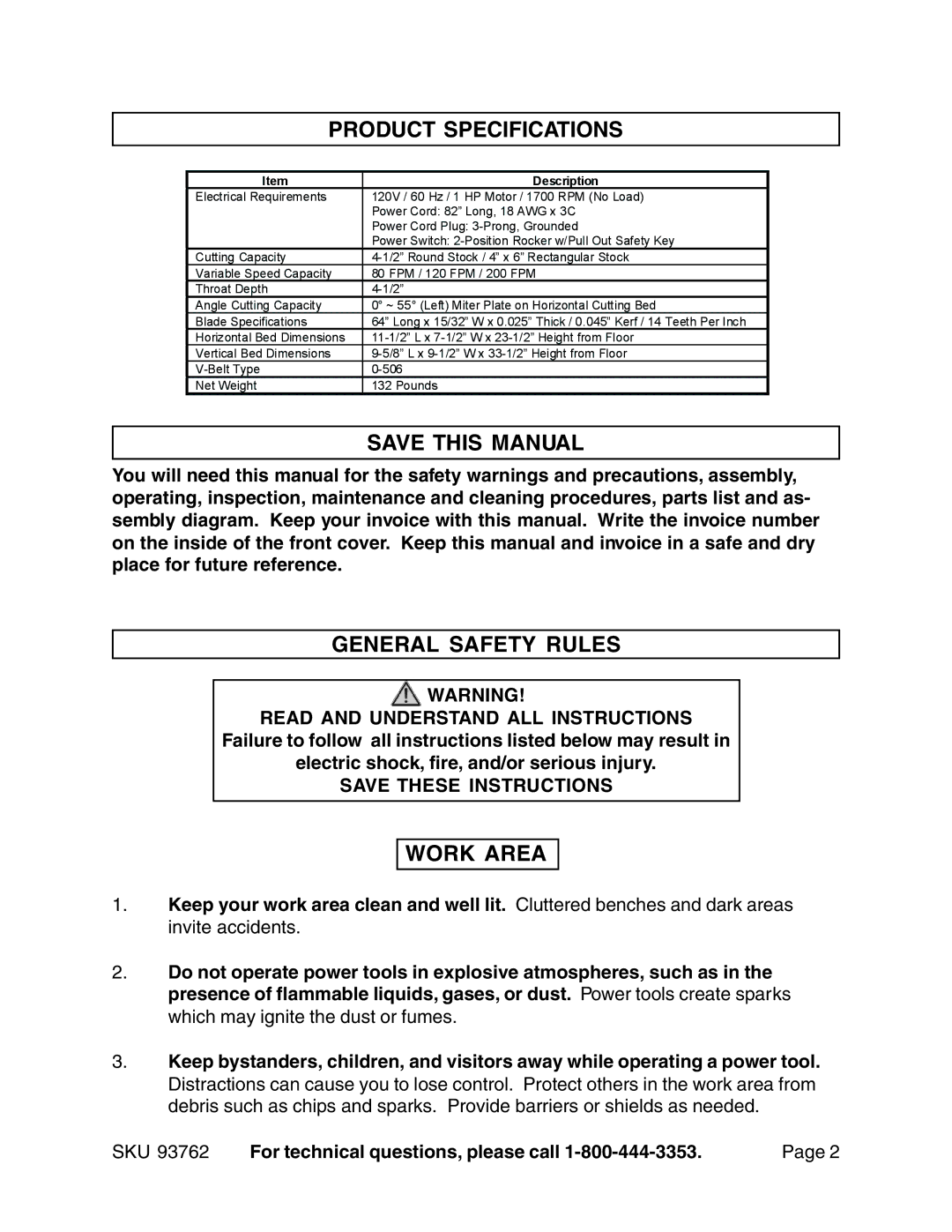 Harbor Freight Tools 93762 operating instructions Product Specifications, Save this Manual, General Safety Rules, Work Area 