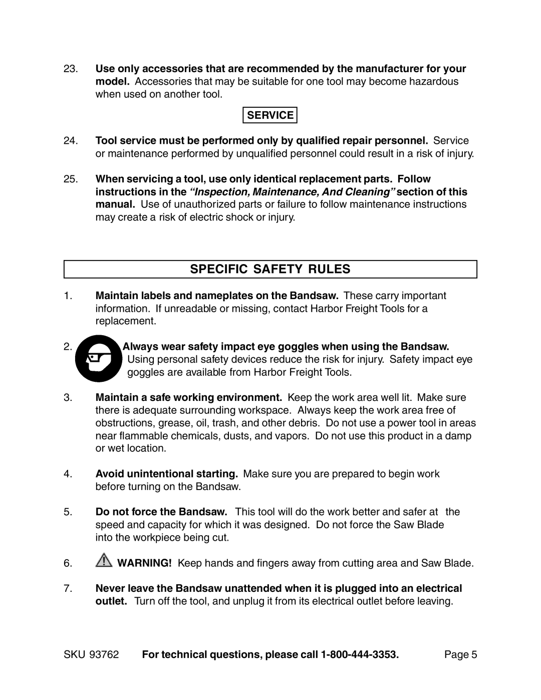 Harbor Freight Tools 93762 operating instructions Specific Safety Rules, Service 