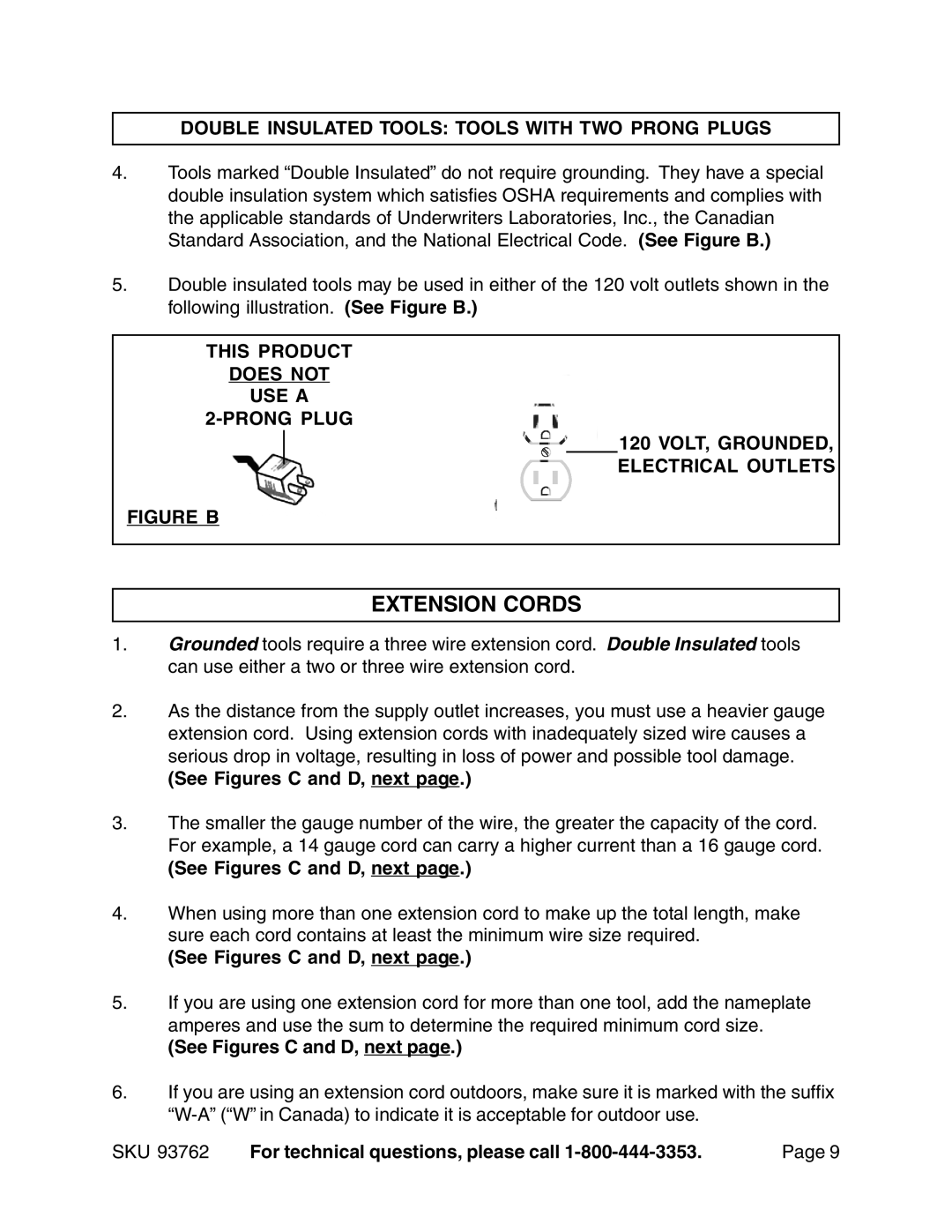 Harbor Freight Tools 93762 Extension Cords, Double Insulated Tools Tools with TWO Prong Plugs, See Figures C and D, next 