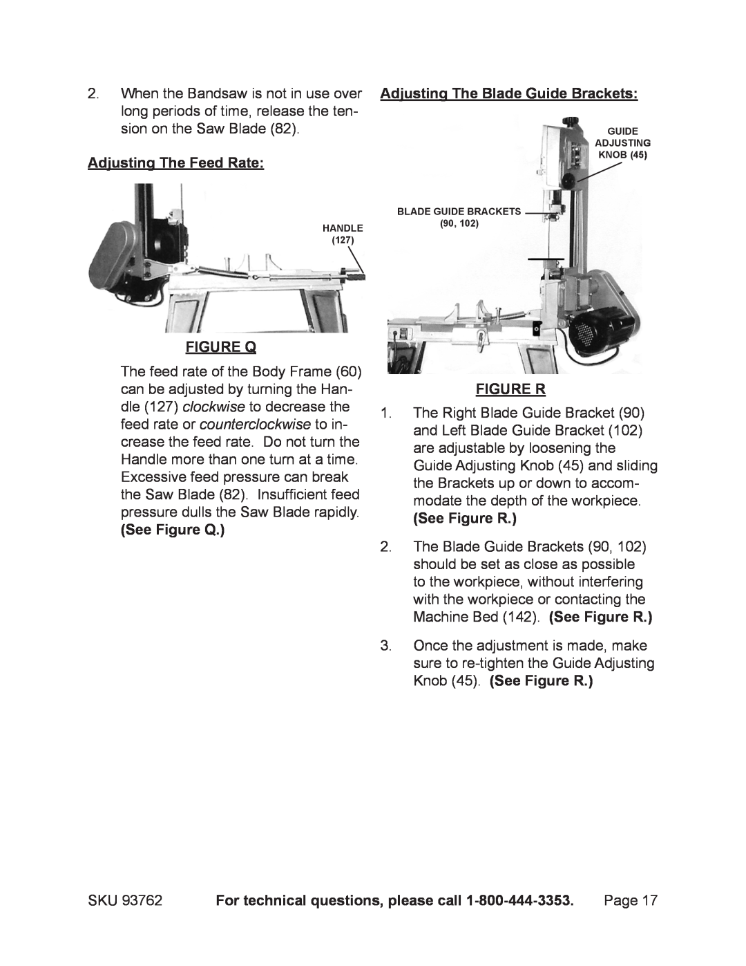 Harbor Freight Tools 93762 Adjusting The Feed Rate, See Figure Q, Adjusting The Blade Guide Brackets, Figure R 