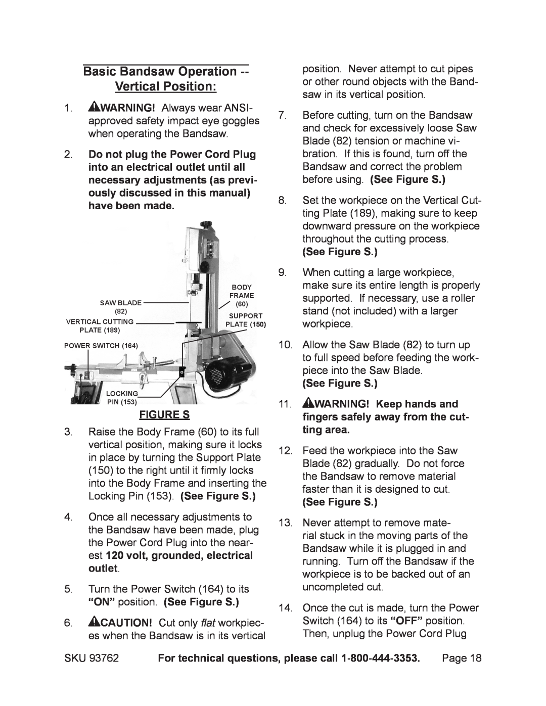 Harbor Freight Tools 93762 operating instructions See Figure S, For technical questions, please call 