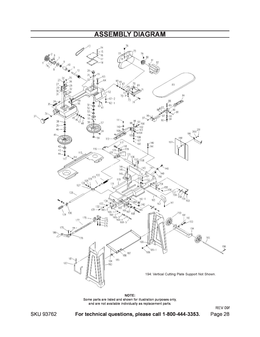 Harbor Freight Tools 93762 operating instructions Assembly Diagram, For technical questions, please call 