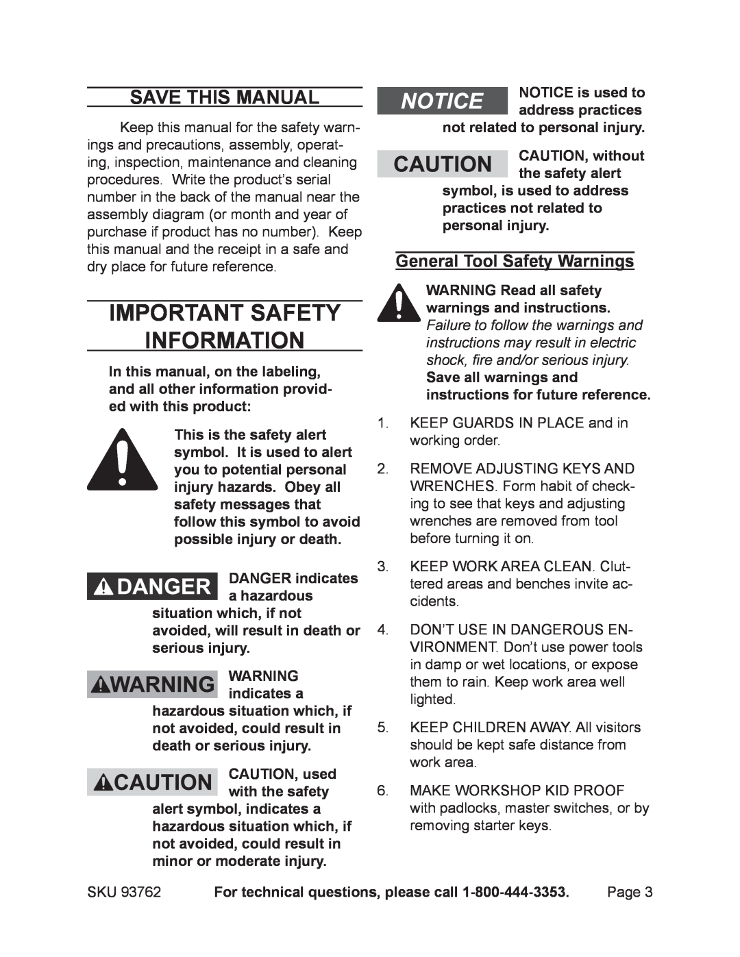 Harbor Freight Tools 93762 Important SAFETY Information, Save This Manual, DANGER indicates a hazardous 