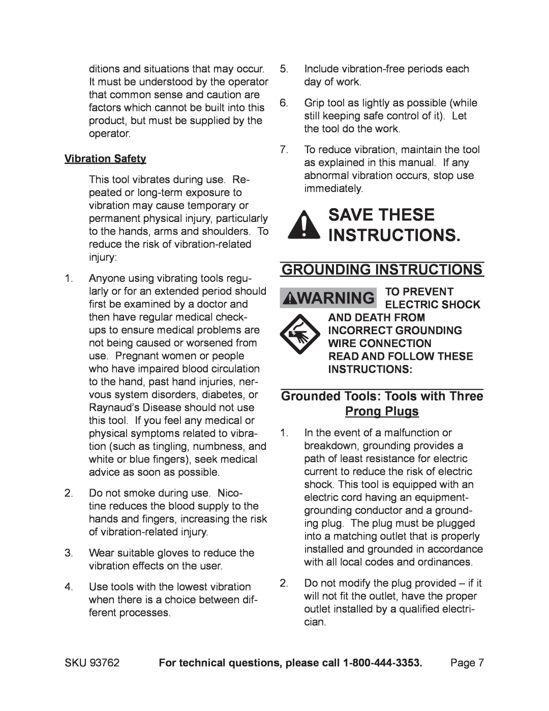 Harbor Freight Tools 93762 Save these instructions, Grounding Instructions, Vibration Safety, To prevent electric shock 