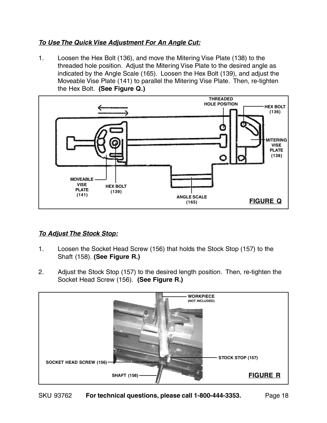 Harbor Freight Tools 93762 To Use The Quick Vise Adjustment For An Angle Cut, Figure Q, To Adjust The Stock Stop, Figure R 
