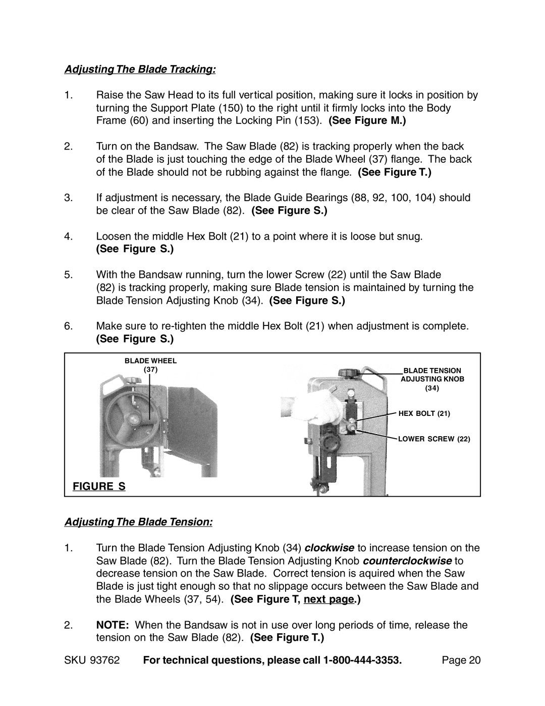 Harbor Freight Tools 93762 operating instructions Adjusting The Blade Tracking, See Figure S, Adjusting The Blade Tension 