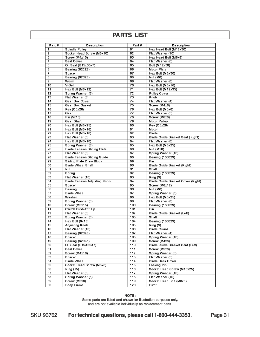 Harbor Freight Tools 93762 Parts List, For technical questions, please call, Page, Part #, Description 