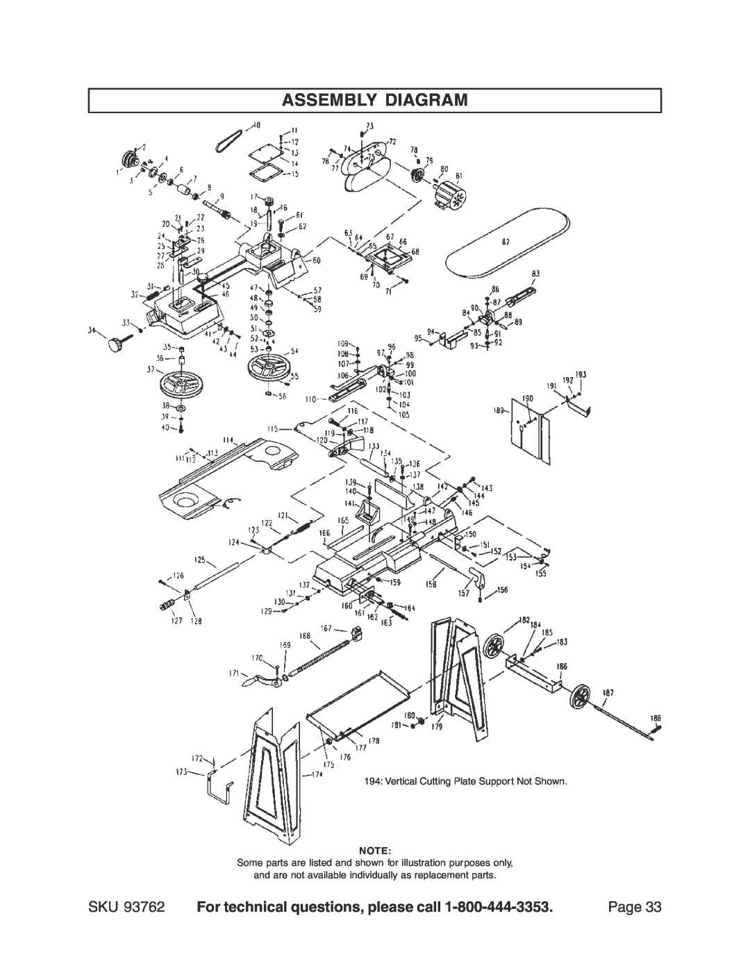 Harbor Freight Tools 93762 operating instructions Assembly Diagram, For technical questions, please call, Page 