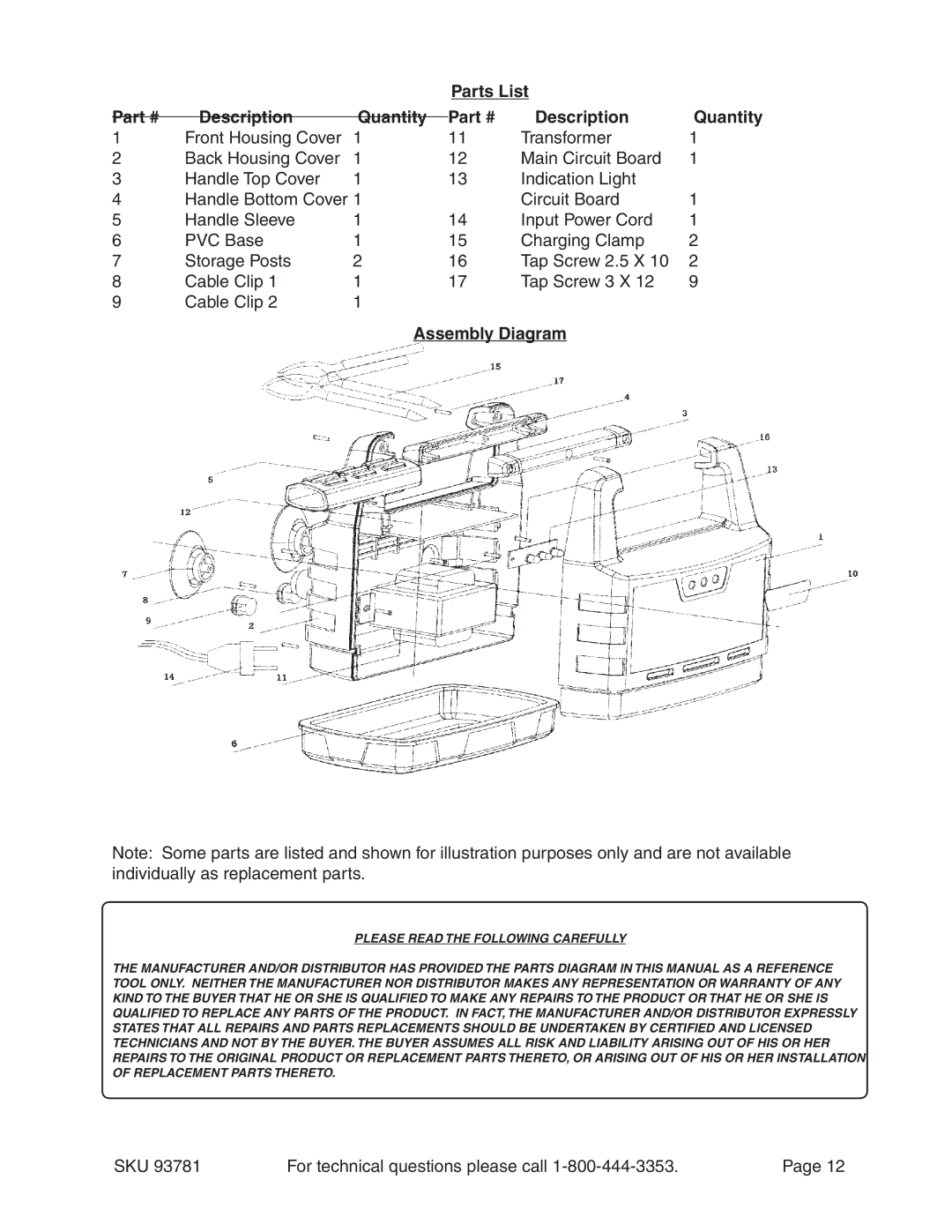 Harbor Freight Tools 93781 operating instructions Parts List Description Quantity, Assembly Diagram 